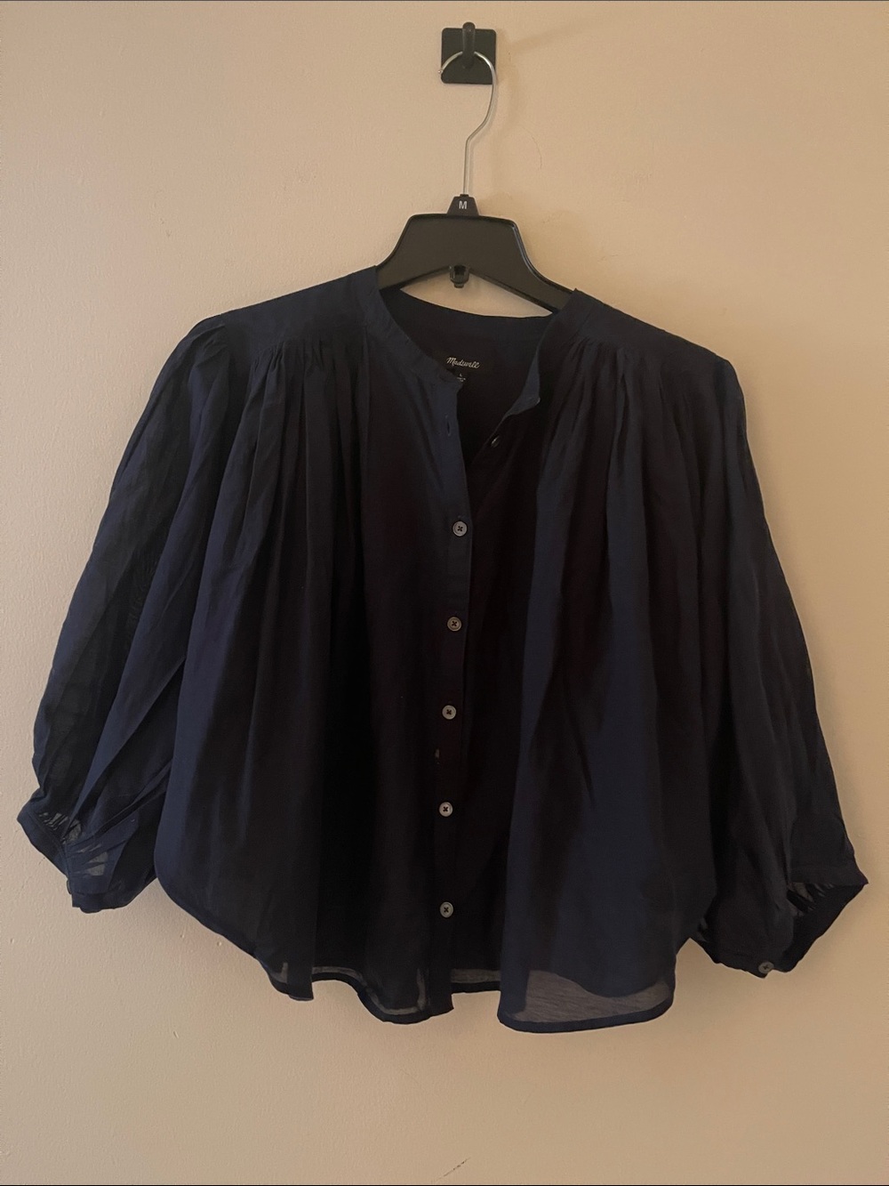 Madewell Woman’s  Navy Button-Front Blouse with Puff Sleeves